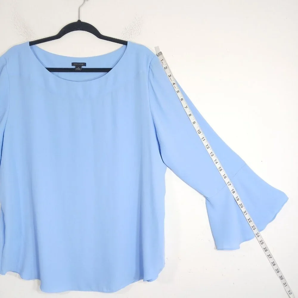 Ann Taylor Blouse XL Blue Long Bell Sleeves Chiffon Lightweight Top - Picture 6 of 8